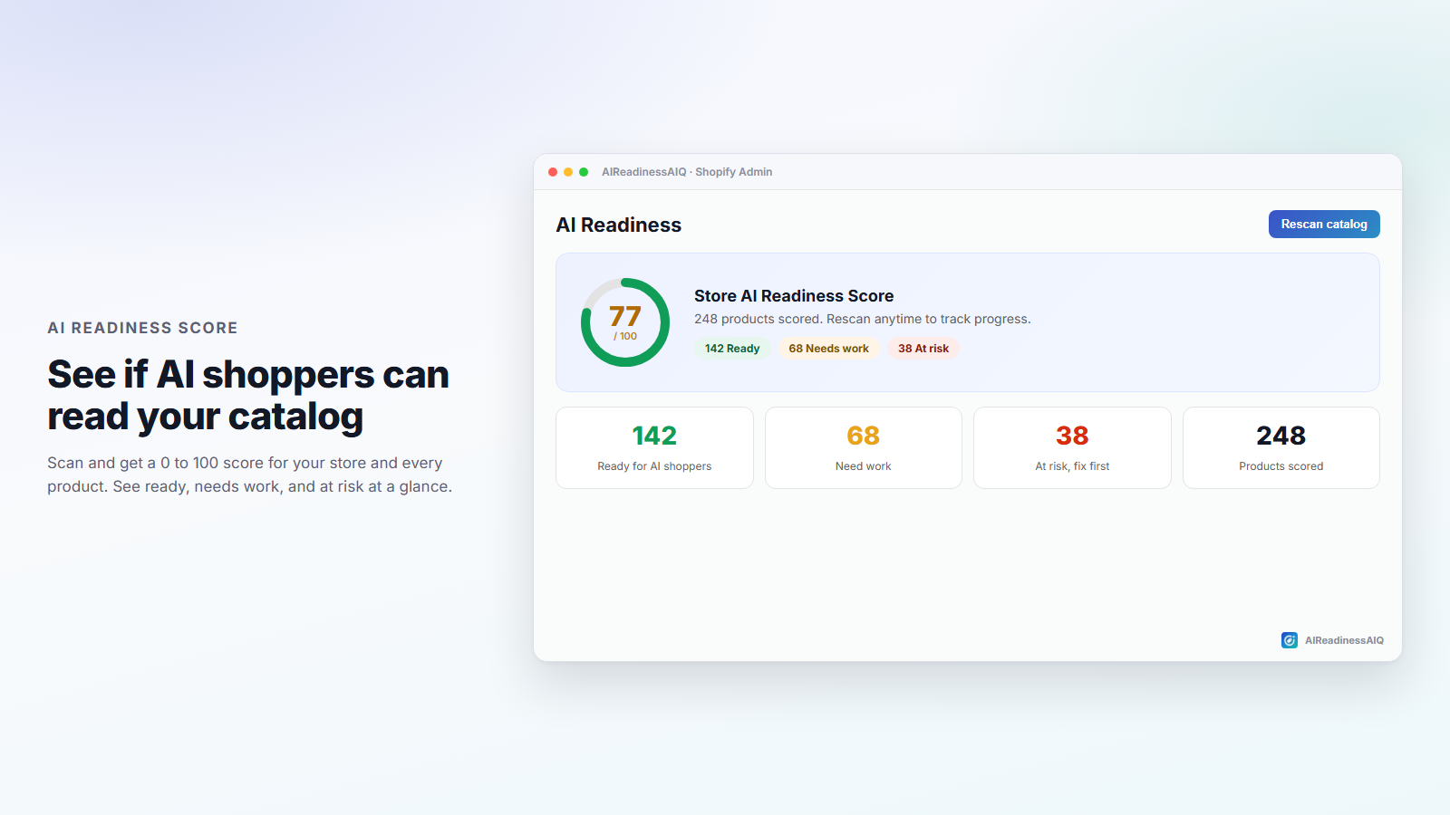 AI Readiness Score dashboard with the store score and product breakdown.