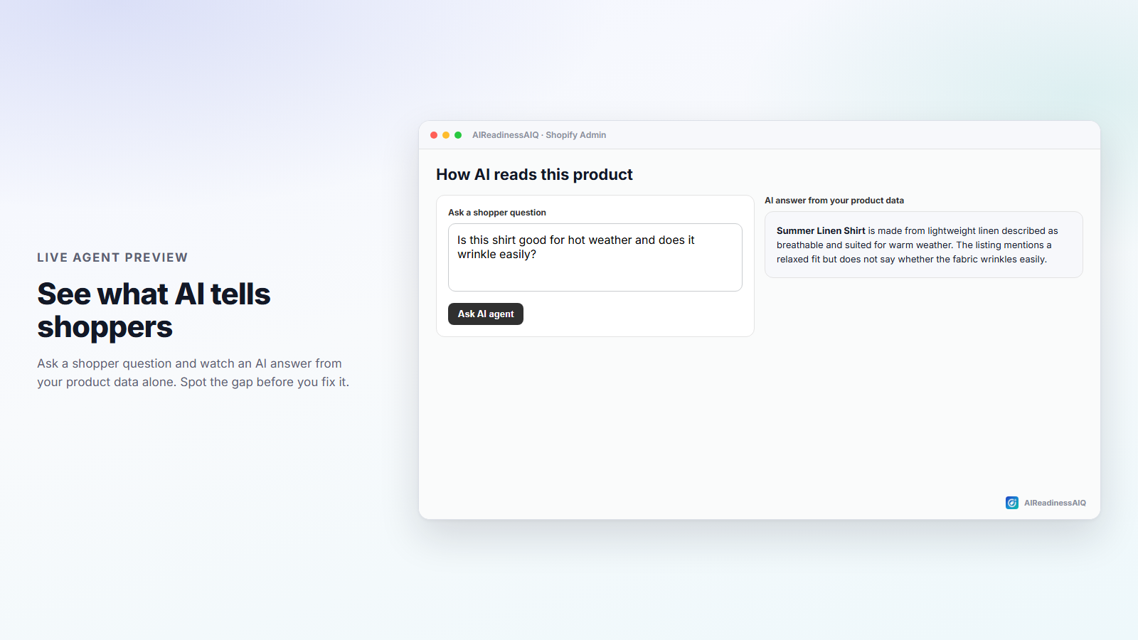 The live AI agent preview answering a shopper question.