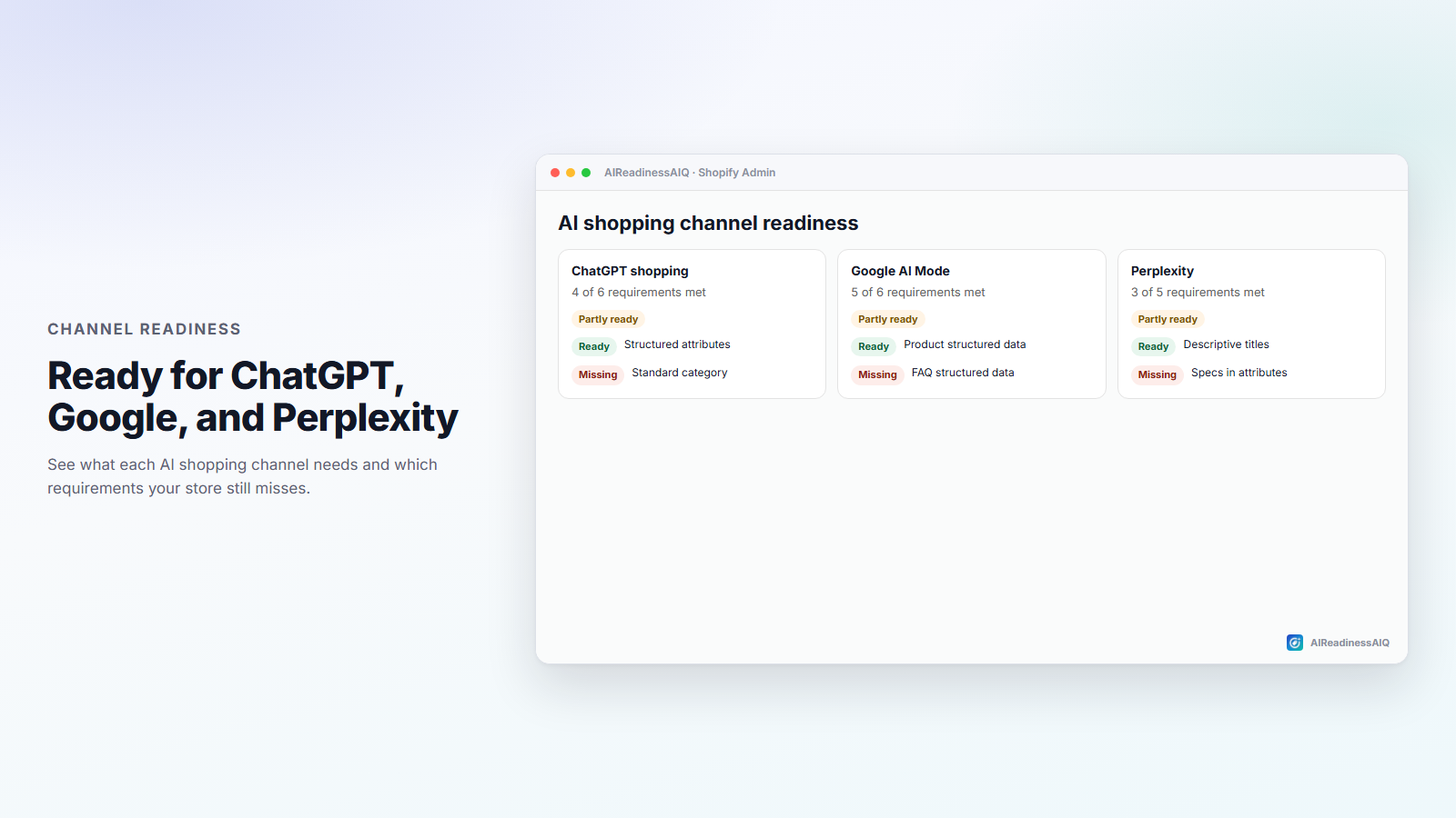 Channel readiness for ChatGPT, Google, and Perplexity.